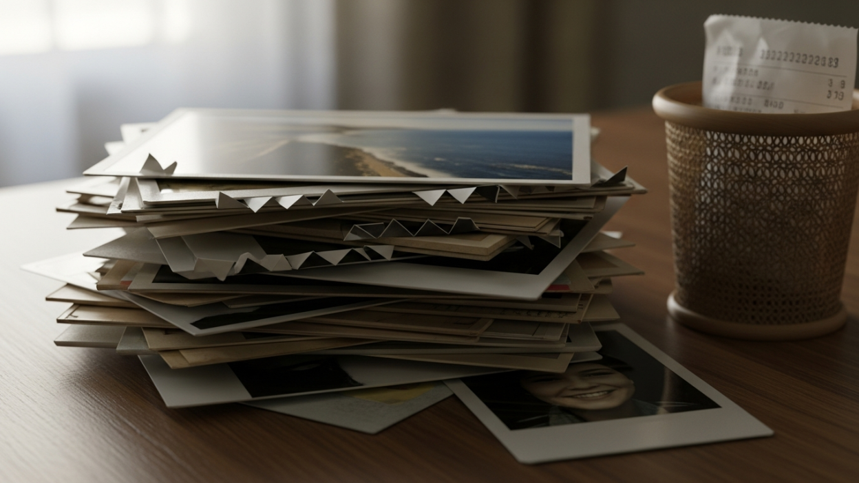 Photographies imprimées prêtes à être jetées sur une table en bois