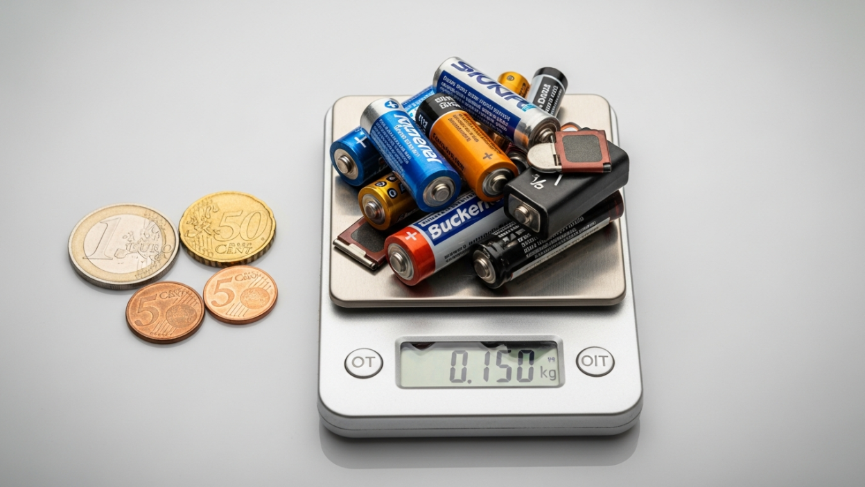 Piles usagées sur une balance avec quelques pièces de monnaie