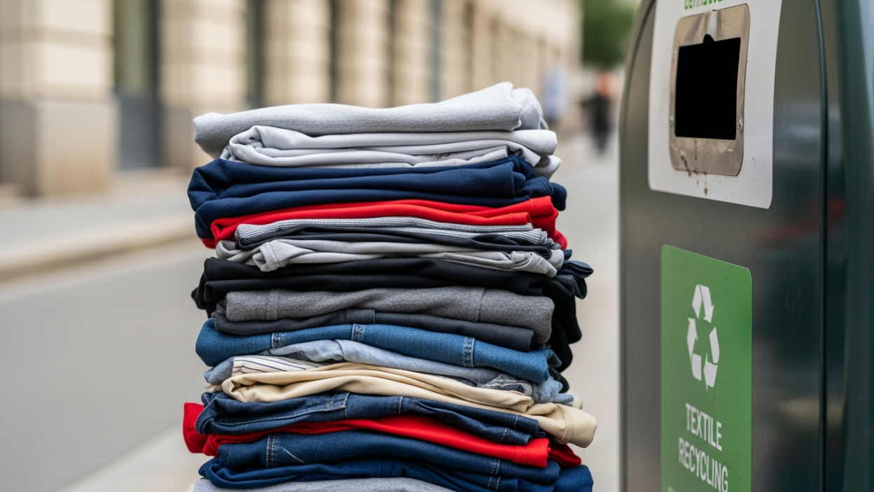 Pile de vêtements usagés à côté d'un conteneur de recyclage textile